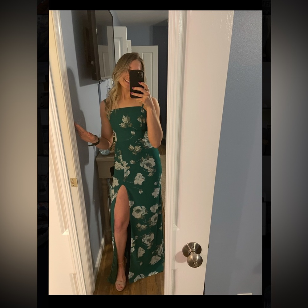 Emerald Floral Square-Neck Slit Maxi Dress